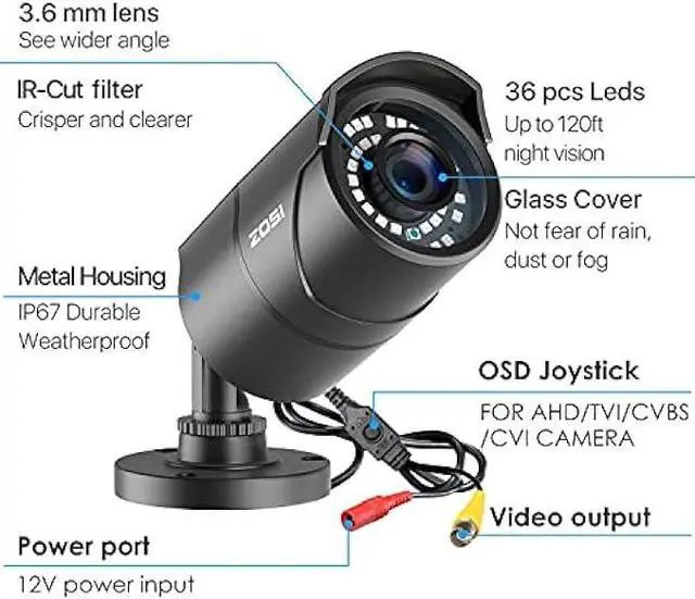 Alt view image 2 of 6 - ZOSI 2MP HD 1080p 1920TVL Security Camera Outdoor Indoor (Hybrid 4-in-1 HD-CVI/TVI/AHD/960H Analog CVBS), 36PCS LEDs,120ft IR Night Vision,105° View Angle Surveillance CCTV Bullet CameraBlack Color)
