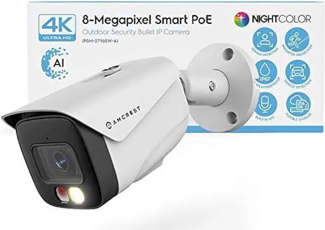 Main image of Amcrest UltraHD 4K (8MP) IP PoE AI Camera, FOV 129°, 49ft Color Nightvision, Security Outdoor Bullet Camera, Human & Vehicle Detection, Active Deterrent, 4K @15fps, IP8M-2796EW-AI (White)
