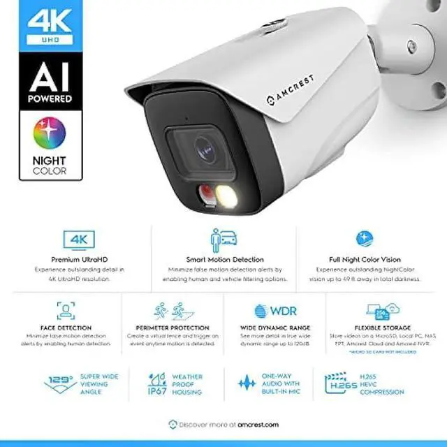 Alt view image 2 of 6 - Amcrest UltraHD 4K (8MP) IP PoE AI Camera, FOV 129°, 49ft Color Nightvision, Security Outdoor Bullet Camera, Human & Vehicle Detection, Active Deterrent, 4K @15fps, IP8M-2796EW-AI (White)