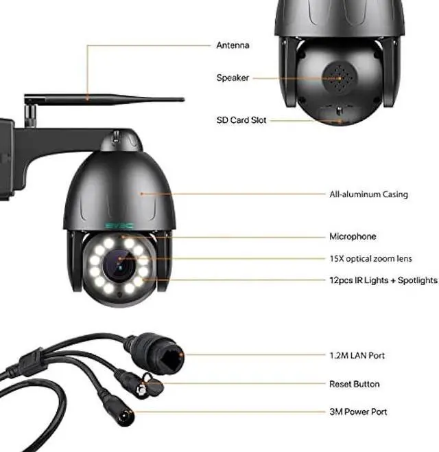 Alt view image 7 of 7 - SV3C PTZ WiFi Security Camera Outdoor 15X Optical Zoom Auto Tracking 5MP Floodlight Color Night Vision Wireless IP Cam, 2-Way Audio, Black Metal Shell, RTSP, SD Card Record, BlueIris, Onvif Conformant