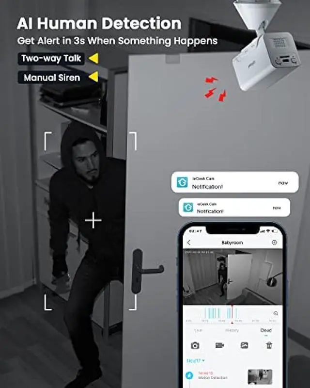 Alt view image 3 of 6 - ieGeek Security Camera Indoor Wireless 1080P Wire-Free Portable Indoor Camera for Home Security with Human Detection,Two-Way Audio, Siren and APP Alert,30ft Clear Night Vision, Cloud/SD