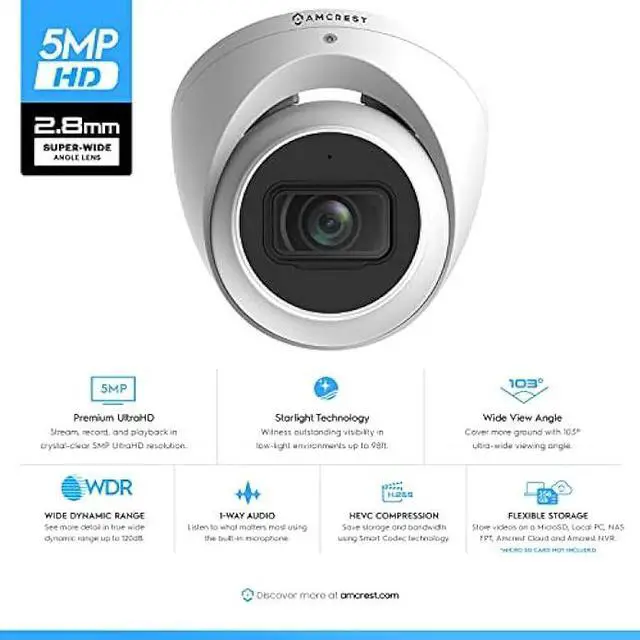 Alt view image 2 of 6 - Amcrest 5MP Turret POE Camera, UltraHD Outdoor IP Camera POE with Mic/Audio, 5-Megapixel Security Surveillance Cameras, 98ft NightVision, 103° FOV, MicroSD (256GB), (IP5M-T1179EW-28MM)