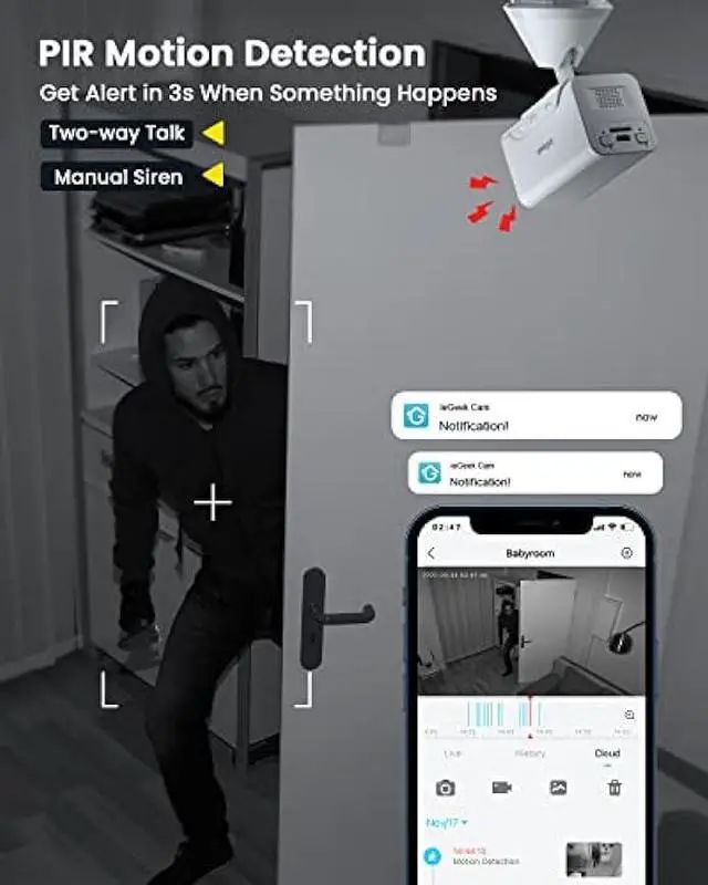 Alt view image 3 of 6 - ieGeek Wireless Indoor Cameras for Home Security, Mini Battery WiFi Camera Indoor 1080P, 2-Way Audio, Motion Sensor Alarm, Phone APP, for House/Baby Monitor/Pet Camera,Work with Alexa, 2 Pack