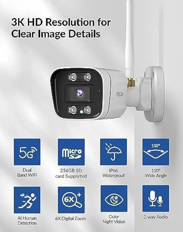 Alt view image 2 of 6 - FOSCAM 5MP 3K Security Camera Outdoor, V5P 5G/2.4GHz WiFi Camera for Home Security, Two Way Audio, 66ft Color Night Vision, FOV 110°, Work with Alexa