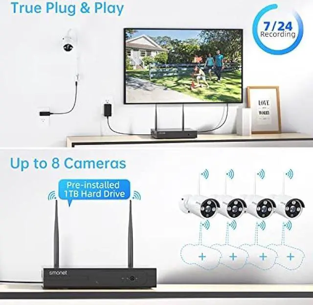 Alt view image 2 of 6 - [3MP HD,Audio] SMONET WiFi Security Camera System,1TB Hard Drive,8CH Home Surveillance NVR Kit,4 Packs Outdoor Indoor IP Cameras Set,IP66 Waterproof,Free Phone APP,Night Vision,24/7 Video Recording