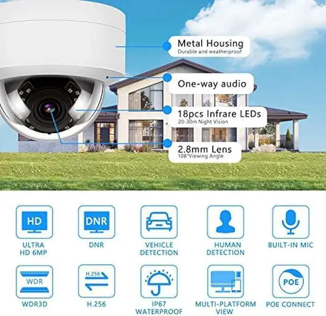 Alt view image 2 of 6 - 6MP PoE IP Vandal Dome Security Camera Outdoor, 2.8mm Wide Angle, H.265, IP67 IK10, Built-in Microphone Audio, Human Vehicle Detection, Compatible with Hikvision Uniview NVR & Blue Iris