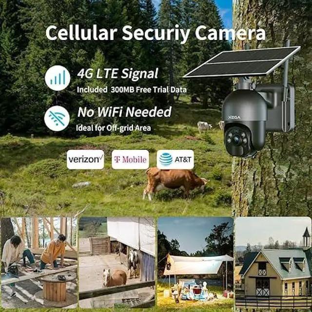 Alt view image 2 of 6 - Xega 4G LTE Cellular Security Camera Outdoor Solar Camera Wireless, 2K HD Color Night Vision PTZ 360° View, Smart PIR Motion Detection, 2-Way Talk, No WiFi, SIM Card Included, IP66 - US Version