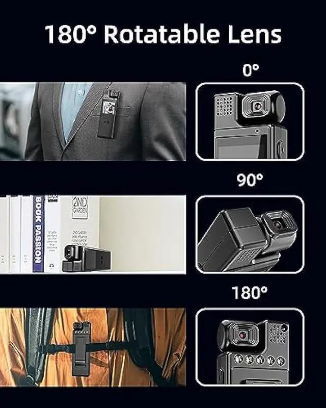 Alt view image 2 of 6 - VIDCASTIVE 64G Body Camera with Video and Audio Recording, 1080P HD Police Body Worn Cam with 180° Rotatable Lens, Night Vision, and 6 Hours Battery Life for Daily Records, Delivery/Serving Jobs