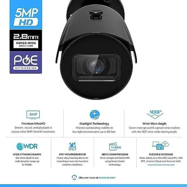 Alt view image 2 of 6 - Amcrest UltraHD 5MP Outdoor POE Camera 2592 x 1944p Bullet IP Security Camera, Outdoor IP67 Waterproof, 103° Viewing Angle, 2.8mm Lens, 98.4ft Night Vision, 5-Megapixel, IP5M-B1186EB-28MM (Black)