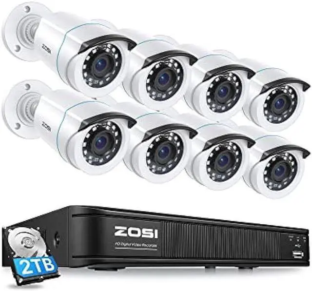 Main image of ZOSI 1080P H.265+ Home Security Camera System, 5MP Lite 8 Channel CCTV DVR Recorder with Hard Drive 2TB and 8 x 1080p Surveillance Bullet Camera Outdoor Indoor with 80ft Night Vision, Motion Alerts