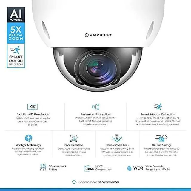Alt view image 2 of 6 - Amcrest 4K Optical Zoom AI IP Camera, Varifocal 8MP Outdoor IP POE Camera Dome, Face Detection, Human & Vehicle Detection, 2.7mm~13.5mm Lens, IP67, 5X Optical Zoom, (IP8M-VD2893EW-AI)