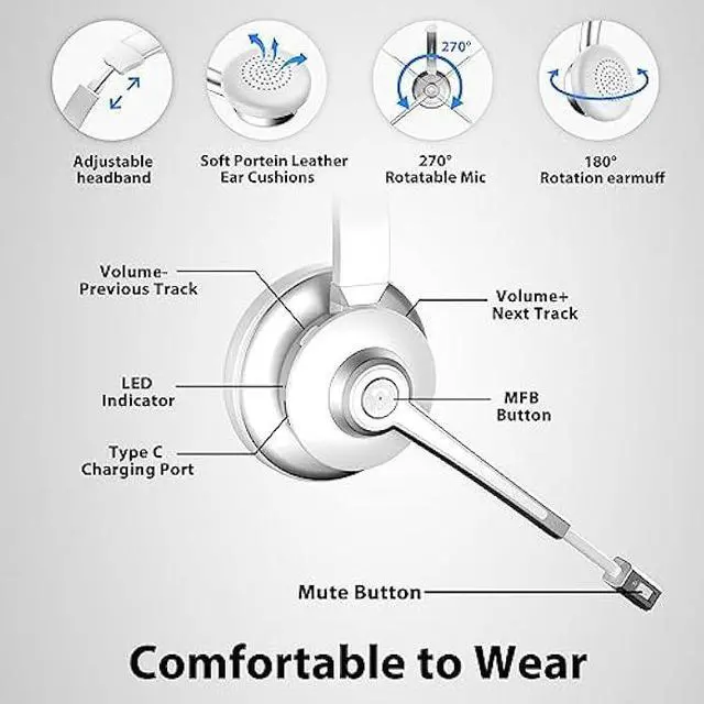 Alt view image 4 of 5 - Earbay Bluetooth Headset, Wireless Headset with Noise Canceling Mic &USB Dongle, Computer Headset for Work with Charging Base, Wireless Headphones with Mute Button for Call Center/Office/Trucker