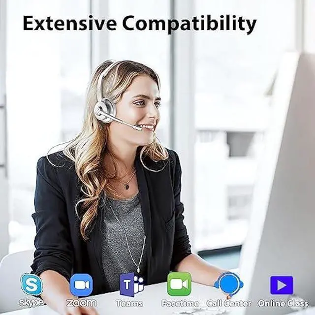 Alt view image 5 of 5 - Earbay Bluetooth Headset, Wireless Headset with Noise Canceling Mic &USB Dongle, Computer Headset for Work with Charging Base, Wireless Headphones with Mute Button for Call Center/Office/Trucker