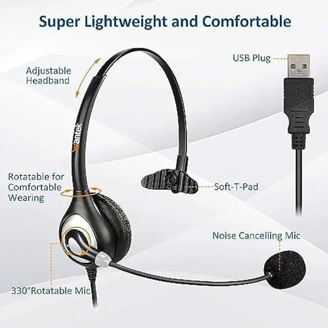 Alt view image 2 of 7 - USB Headset with Microphone Noise Cancelling & Audio Controls, Computer Headphones for PC Laptop, Business, Home Office, Call Center, Skype, Zoom, Webinar, Clear Chat, Super Light,Single