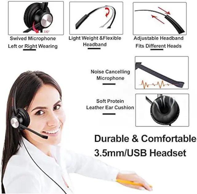 Alt view image 2 of 7 - N/X Wired USB Headset with Noise Cancelling Microphone for Laptop PC, Lightweight 3.5mm,USB-A Headphones for Call Center Office Work from Home Dragon Webinar Teams Zoom Meeting