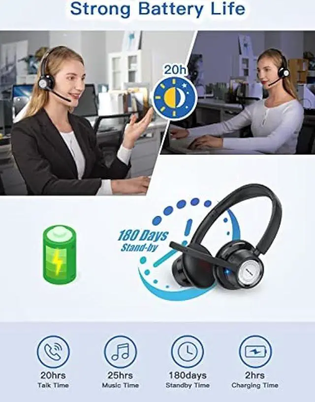 Alt view image 4 of 6 - New bee Wireless Headset Bluetooth Headset with Noise Cancelling Microphone 20hrs Talk time & Mute Button for Work/PC/Office/Zoom/Skype (Include USB Dongle)