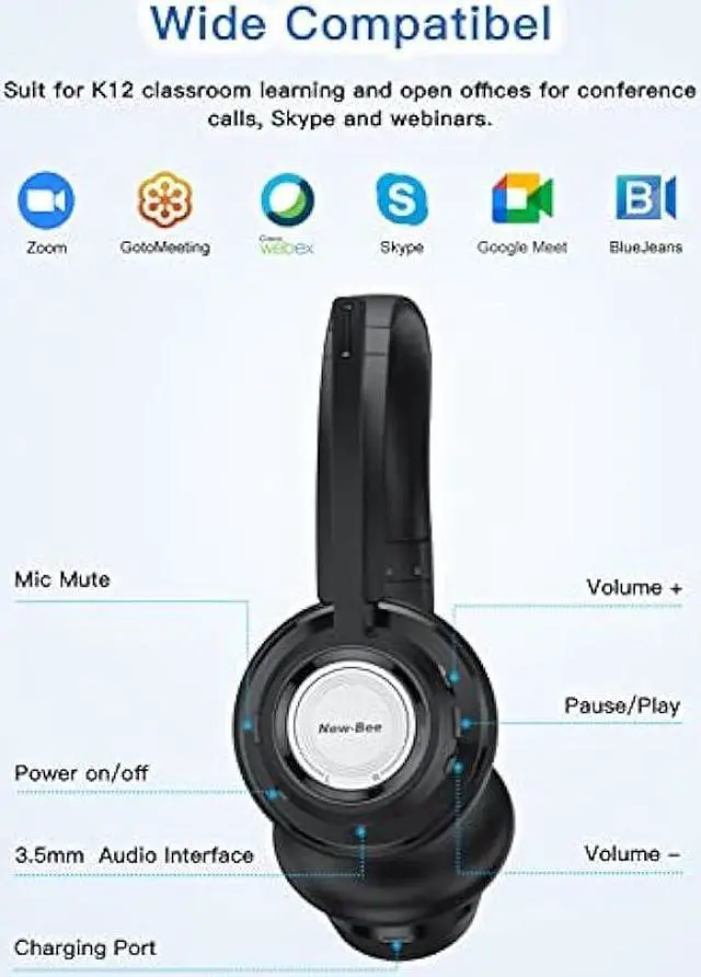 Alt view image 5 of 6 - New bee Wireless Headset Bluetooth Headset with Noise Cancelling Microphone 20hrs Talk time & Mute Button for Work/PC/Office/Zoom/Skype (Include USB Dongle)
