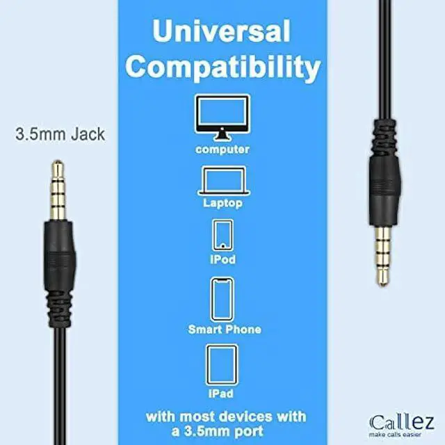 Alt view image 2 of 6 - Callez 3.5mm Cell Phone Headset, Mono Computer Headset with Noise Cancelling Microphone, Compatible with iPhone Samsung Huawei Smartphones Laptop iPad iPod Skype PC