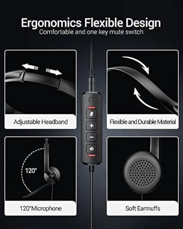 Alt view image 5 of 6 - FEABASK USB Headset with Microphone for PC Laptop - Wired Computer Headphones with Noise Cancelling Microphone for Home Office Online Class Skype Zoom Meetings,in Line Mute Controls