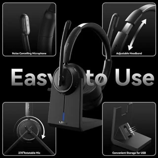 Alt view image 5 of 6 - LEVN Wireless Headset, Bluetooth Headset with Noise Canceling Microphone & Charging Base, 65 Hrs Working Time 2.4G Wireless Headset with Microphone for PC/Laptop/Computer/Remote Work/Call Center/Zoom