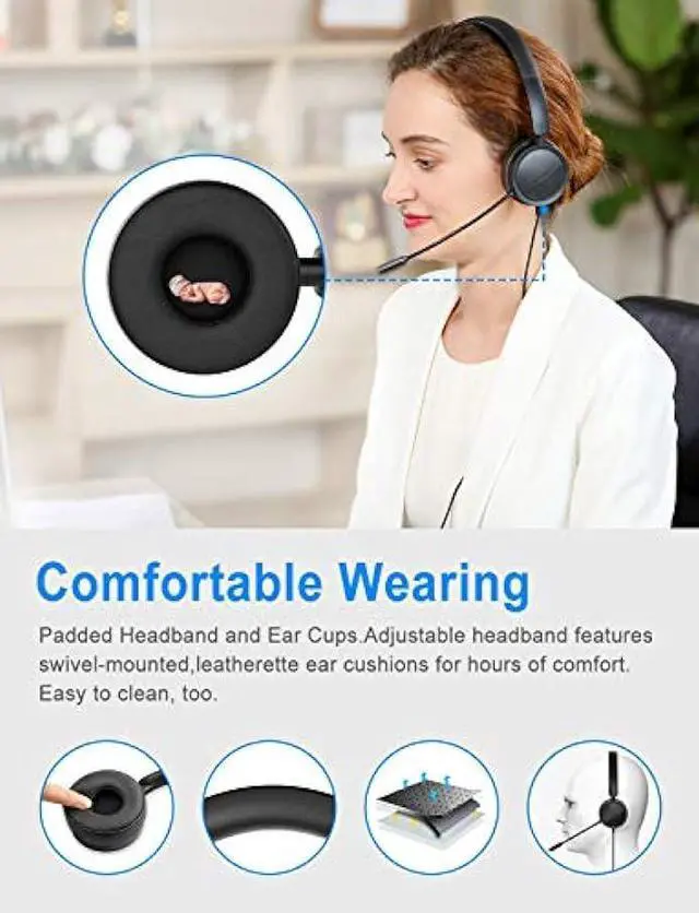 Alt view image 3 of 6 - New bee USB Headset Computer Headset in-Line Call Controls Office Headset with Noise Cancelling Micphone Call Center Headset for Skype, Zoom, Laptop, Phone, PC, Tablet, Home with USB-C Adapter
