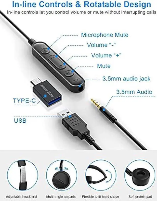Alt view image 5 of 6 - New bee USB Headset Computer Headset in-Line Call Controls Office Headset with Noise Cancelling Micphone Call Center Headset for Skype, Zoom, Laptop, Phone, PC, Tablet, Home with USB-C Adapter