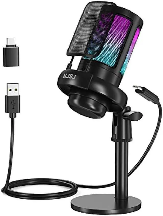 Main image of NJSJ USB Microphone for PC, Gaming Mic for PS4/ PS5/ Mac/Phone,Condenser Microphone with Touch Mute,Brilliant RGB Lighting,Gain knob & Monitoring Jack for Streaming,Podcasting (Black)