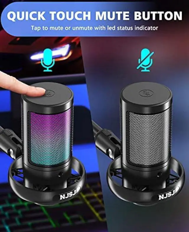 Alt view image 2 of 5 - NJSJ USB Microphone for PC, Gaming Mic for PS4/ PS5/ Mac/Phone,Condenser Microphone with Touch Mute,Brilliant RGB Lighting,Gain knob & Monitoring Jack for Streaming,Podcasting (Black)
