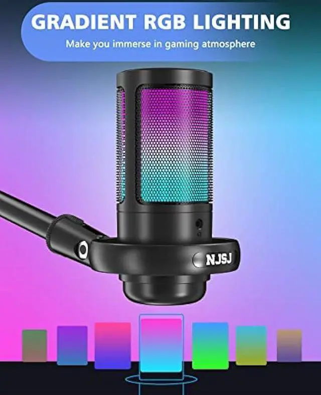 Alt view image 3 of 5 - NJSJ USB Microphone for PC, Gaming Mic for PS4/ PS5/ Mac/Phone,Condenser Microphone with Touch Mute,Brilliant RGB Lighting,Gain knob & Monitoring Jack for Streaming,Podcasting (Black)