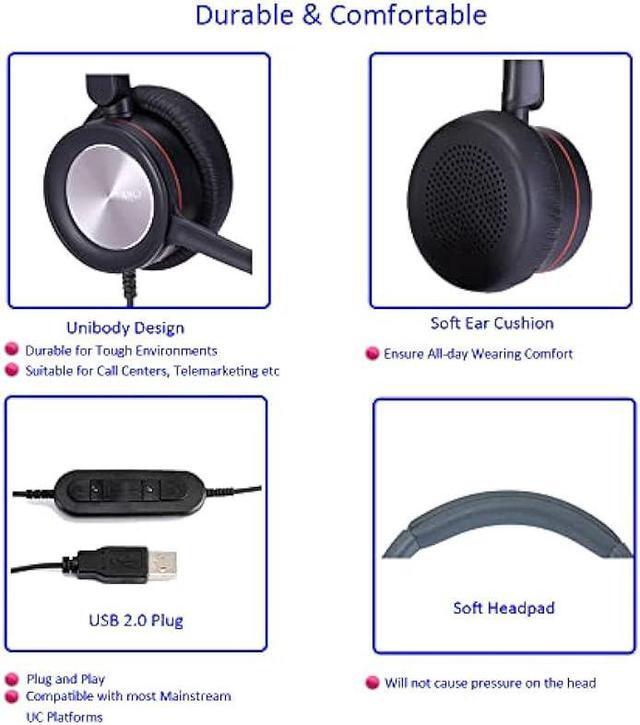 Alt view image 7 of 7 - MKJ USB Headset with Microphone Noise Cancelling for Laptop Wired Headphones for Call Center Home Office Stereo USB Headset for Computer PC, Work with Skype Teams Zoom Webex Webinar Online Teaching