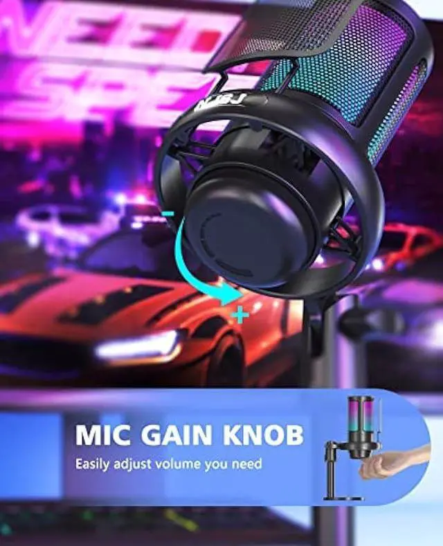 Alt view image 4 of 5 - NJSJ USB Microphone for PC, Gaming Mic for PS4/ PS5/ Mac/Phone,Condenser Microphone with Touch Mute,Brilliant RGB Lighting,Gain knob & Monitoring Jack for Streaming,Podcasting (Black)