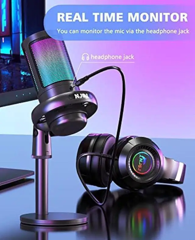Alt view image 5 of 5 - NJSJ USB Microphone for PC, Gaming Mic for PS4/ PS5/ Mac/Phone,Condenser Microphone with Touch Mute,Brilliant RGB Lighting,Gain knob & Monitoring Jack for Streaming,Podcasting (Black)