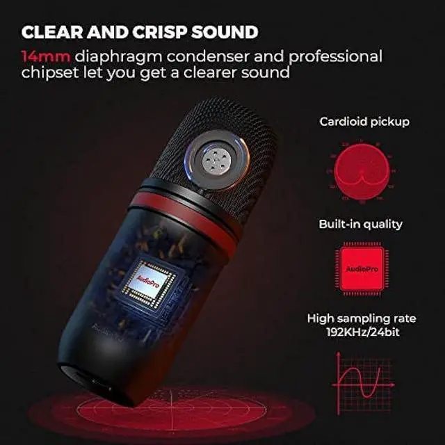 Alt view image 2 of 5 - AUDIOPRO Microphone - Computer Condenser Gaming Mic for PC/Laptop/Phone/PS4/5, Headphone Output, Volume Control, USB Type C Plug and Play, LED Mute Button, for Streaming, Podcast, Studio Recording
