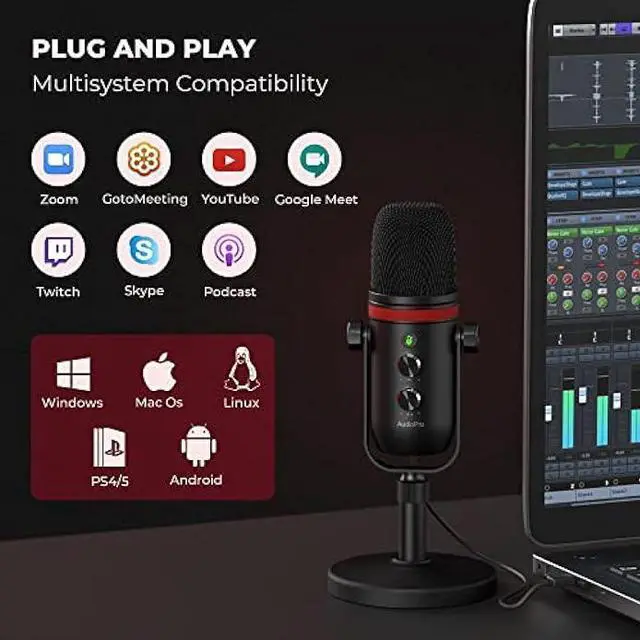 Alt view image 3 of 5 - AUDIOPRO Microphone - Computer Condenser Gaming Mic for PC/Laptop/Phone/PS4/5, Headphone Output, Volume Control, USB Type C Plug and Play, LED Mute Button, for Streaming, Podcast, Studio Recording