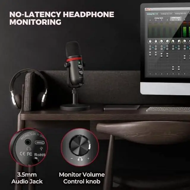 Alt view image 5 of 5 - AUDIOPRO Microphone - Computer Condenser Gaming Mic for PC/Laptop/Phone/PS4/5, Headphone Output, Volume Control, USB Type C Plug and Play, LED Mute Button, for Streaming, Podcast, Studio Recording