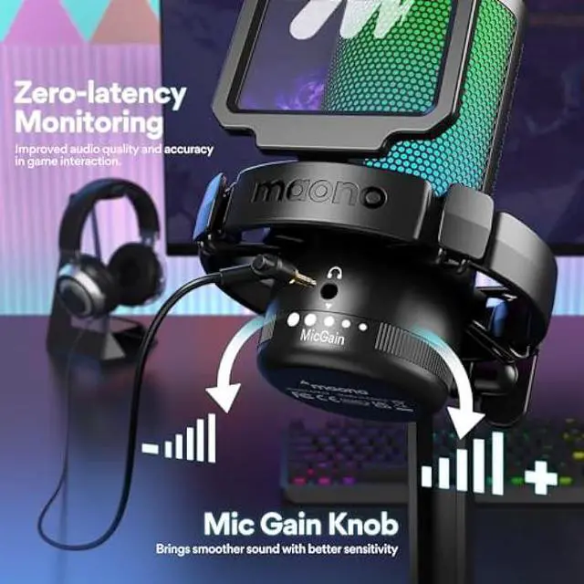 Alt view image 5 of 5 - MAONO USB Gaming Microphone for PC, Noise Cancellation Condenser Mic with RGB Lights, Mute, Gain for Streaming, Recording, Podcast, Chat, Twitch, YouTube, Discord, Computer, PS5, PS4, GamerWave