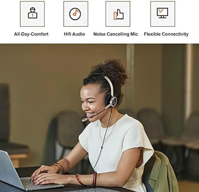 Alt view image 6 of 7 - Emaiker Stereo USB Headset with Noise Cancelling Microphone for PC, Laptop, Gold USB Headphones for Call Center Office Work Skype Teams Zoom 3CX Ringcentral Softphone Dragon Dictation