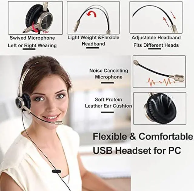 Alt view image 2 of 7 - Emaiker Stereo USB Headset with Noise Cancelling Microphone for PC, Laptop, Gold USB Headphones for Call Center Office Work Skype Teams Zoom 3CX Ringcentral Softphone Dragon Dictation