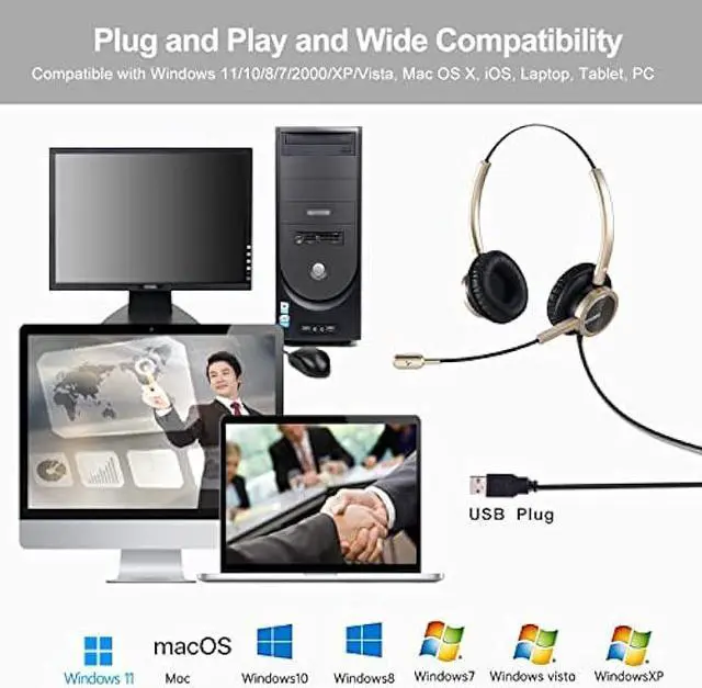 Alt view image 5 of 7 - Emaiker Stereo USB Headset with Noise Cancelling Microphone for PC, Laptop, Gold USB Headphones for Call Center Office Work Skype Teams Zoom 3CX Ringcentral Softphone Dragon Dictation