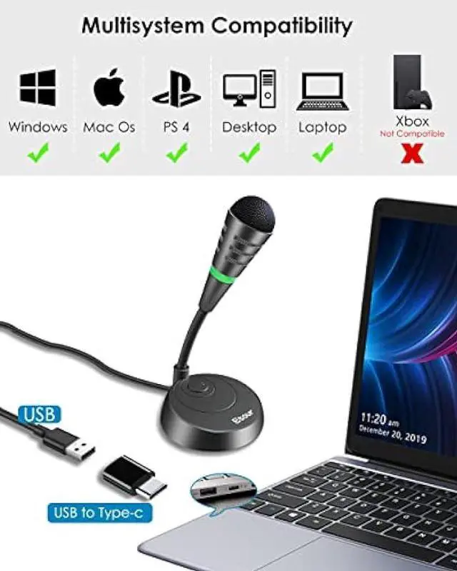Alt view image 2 of 6 - Etour Mini USB Computer Microphone for Zoom Meetings with Mute Button 360 Gooseneck for Podcasting/YouTube/Skype, External USB C Gaming Mic for Samsung Tablet A7 Laptop Mac PC or Windows