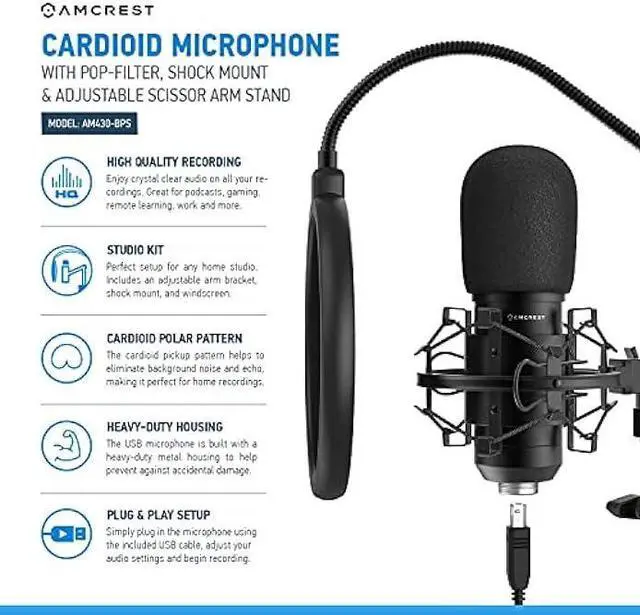 Alt view image 2 of 6 - Amcrest USB Microphone for Voice Recordings, Podcasts, Gaming, Online Conferences, Live Streaming, Cardioid Microphone with Boom Arm, Pop-Filter, Shock Mount, AM430-BPS