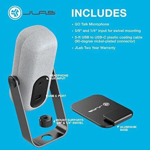 Alt view image 6 of 6 - JLab Go Talk USB Microphone, White, USB-C Output, Cardioid or Omnidirectional, 96k Sample Rate, 20Hz, 20kHz Frequency Response, Volume Control and Quick Mute, 3.5mm AUX, Plug and Play