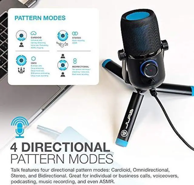 Alt view image 4 of 5 - JLab Talk USB Microphone | USB-C Output | Cardioid, Omnidirectional, Stereo or Bidirectional | 96k Sample Rate | 20Hz - 20kHz Frequency Response | Volume, Gain Control, Quick Mute | Plug & Play