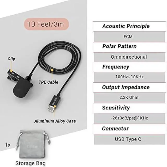 Alt view image 6 of 6 - Cubilux USB Type C Microphone, External Lavalier Lapel Clip MIC Compatible with Samsung Galaxy Note 20/10, S23/S22 Ultra S21/S20 Tab S8/S7/S6, iPad Pro/Air 5 4/Mini 6, Pixel 7/6 Pro 6a 5 4XL, 10 Feet