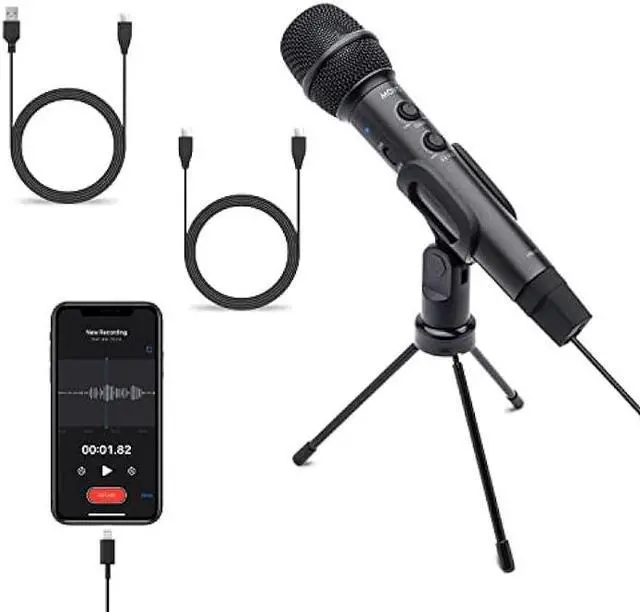 Main image of Movo HM-K1 Handheld Digital Cardioid Condenser Microphone for iPhone, Android, Computer with Mic Stand - USB, USB C and Lightning Connector Cables - Mic Compatible with PC, Mac, iPhone, iPad, Android