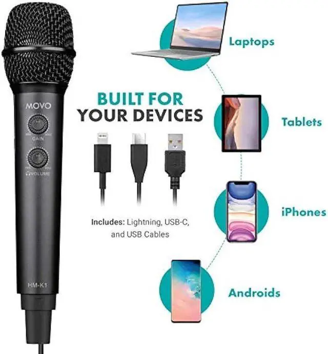 Alt view image 3 of 7 - Movo HM-K1 Handheld Digital Cardioid Condenser Microphone for iPhone, Android, Computer with Mic Stand - USB, USB C and Lightning Connector Cables - Mic Compatible with PC, Mac, iPhone, iPad, Android