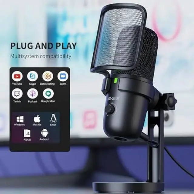 Alt view image 6 of 6 - USB Microphone for PC,PC Mic for Streaming,Podcasts, Condenser Computer Desktop Mic on Mac/PS4/PS5 with Quick Mute,Gain knob & Monitoring Jack for Recording,Podcasting,YouTube