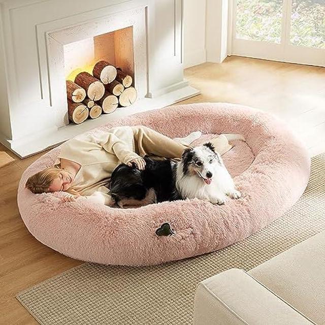 Bedsure Human Dog Bed for People Adults, Calming Human Size Giant Dog Bed  Fits Pet Families with Memory Foam Supportive Mat and Storage Pocket,  Fluffy Faux Fur Orthopedic Dog BeanBed, Pink 