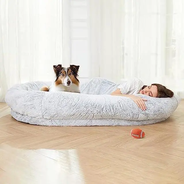 Alt view image 2 of 6 - Cttasty Human Dog Bed, Human Sized Dog Bed 70.9 x 53.15 x 13.78, Large Bean Bag Bed with Blankets, Adult Nap Bed, Human Dog Bed for People Adults, Grey