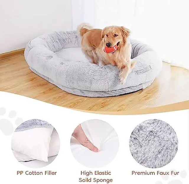Alt view image 3 of 6 - Cttasty Human Dog Bed, Human Sized Dog Bed 70.9 x 53.15 x 13.78, Large Bean Bag Bed with Blankets, Adult Nap Bed, Human Dog Bed for People Adults, Grey
